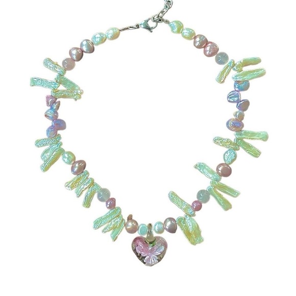 Harlot Hands Jewelry - Harlot Hands Freshwater Pink Pearl Necklace with Glass Heart Choker Necklace